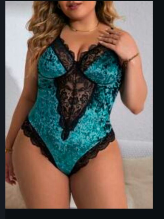 Other - Plus size Lace Velvet Teddy Bodysuit Teal & Black NIP